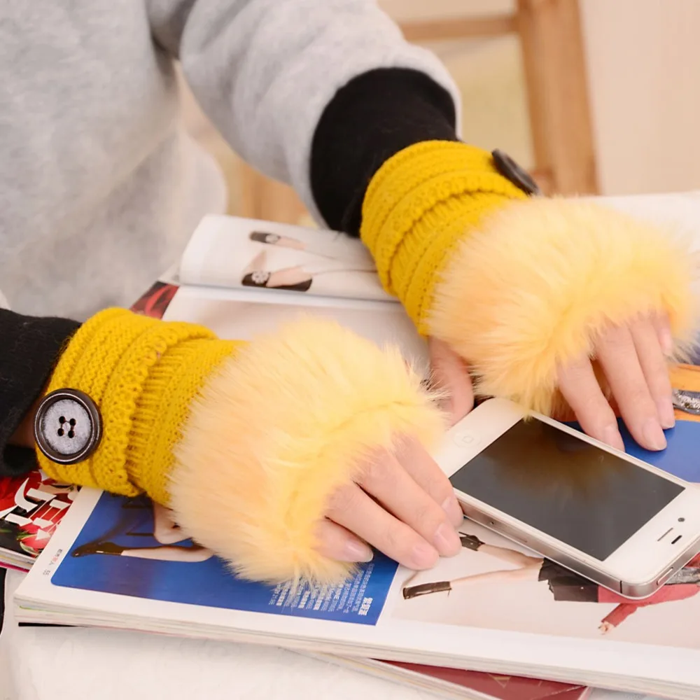 

New Winter Gloves Female Fingerless Gloves Without Fingers Pompom Faux Fur Wrist Mittens Knit Patchwork Luvas Plush Handschoenen