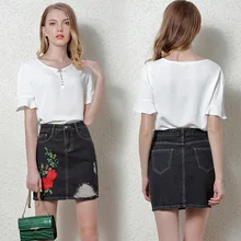 Высококачественная Модная брендовая джинсовая юбка с вышивкой, вышитая женская короткая юбка, черная сумка, юбка на бедрах, джинсовая юбка с дырками, Женская