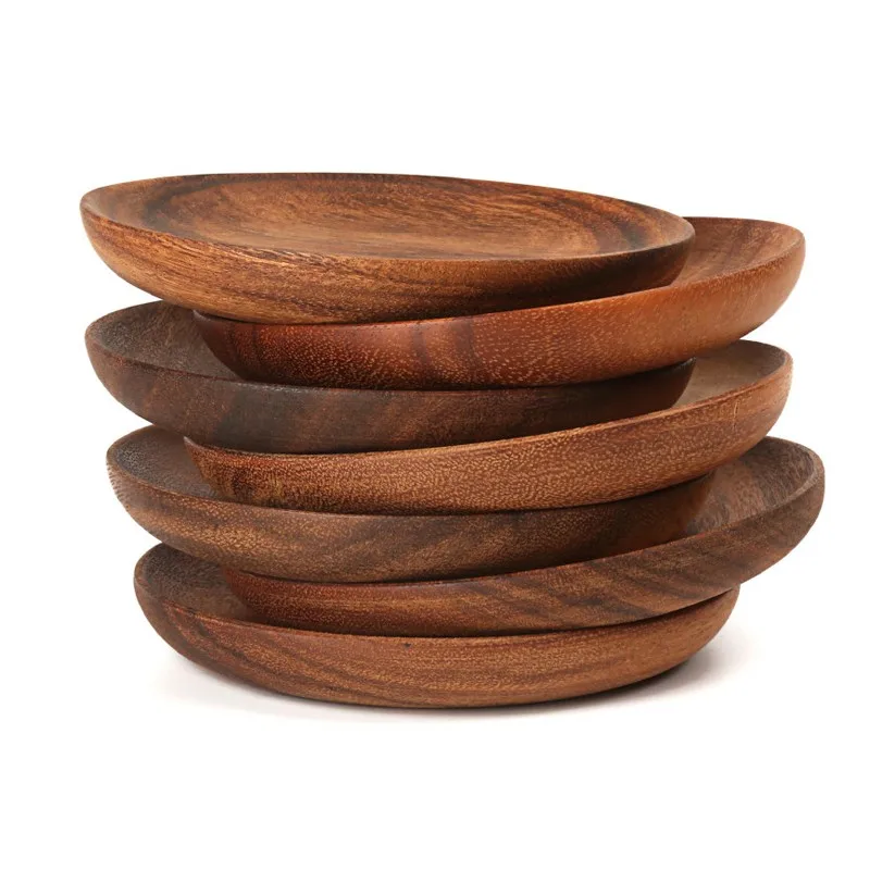 Round Wooden Plates High Quality Acacia Wood Serving Tray Cake Dishes Tableware Plate for Dessert Salad 2 Sizes Wood Utensils (5)