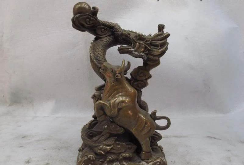 

10 Chinese Royal Classical Copper Bronze fengshui dragon play cattle ox Statue