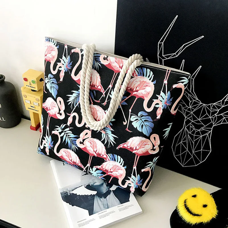 Women Canvas Flamingo Shoulder Bag Bohemian Style Shopping Handbags Animal Printing Bag Female Casual Tote Big Floral Beach Bags Women Canvas Flamingo Shoulder Bag Bohemian Style Shopping Handbags Animal Printing Bag Female Casual Tote Big Floral Beach Bags