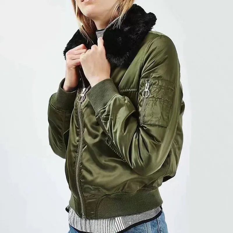 2018 New Women Warm Winter Flight Bomber Jackets with Fur Collar Lady Solid Fashion Zipper Army
