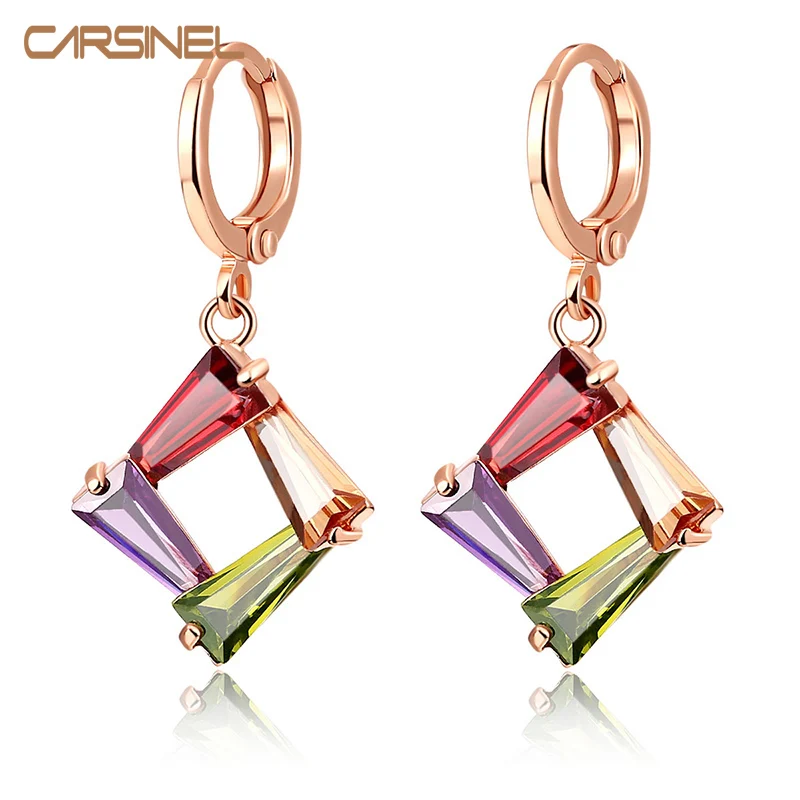 CARSINEL, высокое качество, Модные Цветные Серьги-кольца с цирконом, розовое золото, серьги для женщин, свадебное ювелирное изделие серьги ER0174