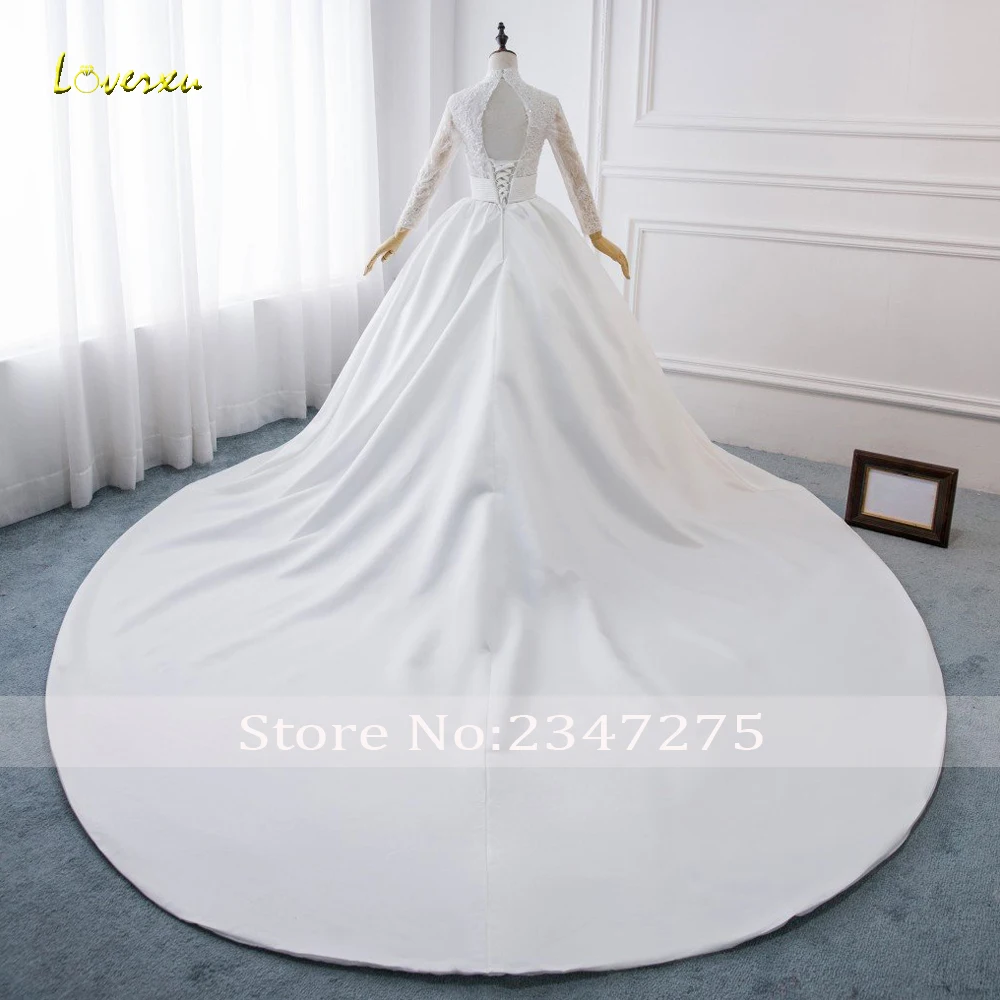 Loverxu Vestido De Noiva с длинным рукавом бальное платье Свадебные платья Высокий воротник бисером Часовня Поезд Атласное Свадебное Платье