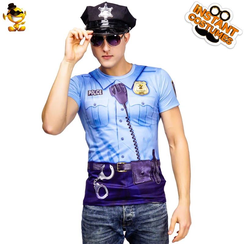 

Carnival Party Men Police Officer T-shirt Costume Performance Career Printing 3 D Police Short Sleeve T-shirt Costume