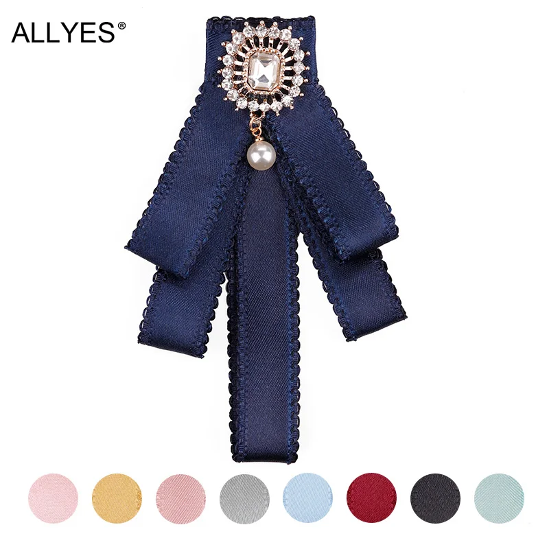 

ALLYES Pearl Crystal Ribbon Bow Brooch Pins Ladies Occupation Shirt Collar Neck Tie Bowknot Brooches For Women Jewelry