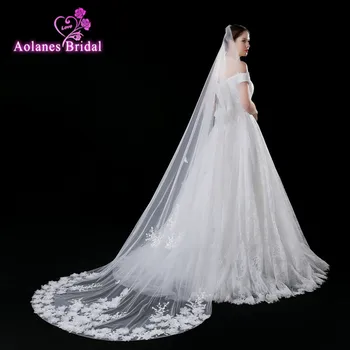 

AOLANES 2018 velos de novia 2.5 Meters Ivory Lace Appliques Flowers Sparkling Lace Edge Purfle Long Cathedral Wedding Veils