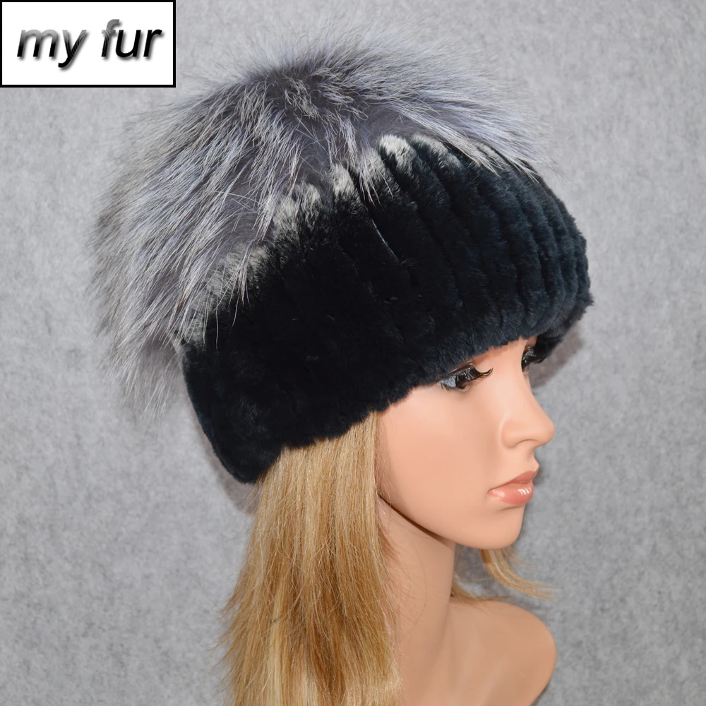 

2019 New Natural Rex Rabbit Fur Hat Women Winter Warm Knitted Real Sliver Fox Fur Cap Russian Lady Rex Rabbit Fur Beanies Hats