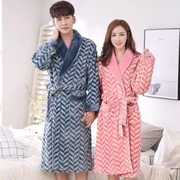 

Striped Print Robes For Couple Long Sexy Robe 100% Coral Fleece Couples Thick Flannel Bathrobe Winter Sleep Robe Women Nightgown