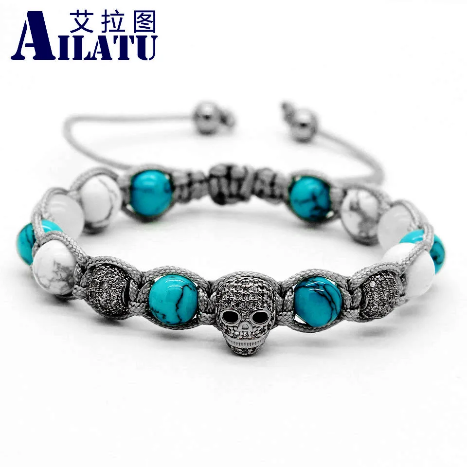 Ailatu 8 мм белый Howlite камень прозрачный CZ Сердце Череп Плетеный Европейский