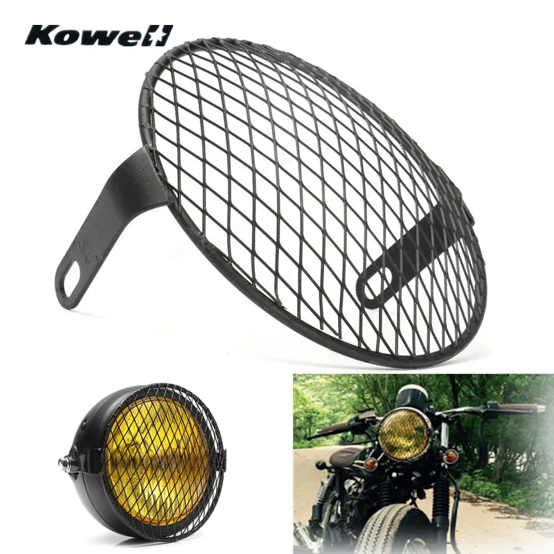 KOWELL 6.4" 16cm Retro Black Grill Motorcycle Headlight Cover Lamp