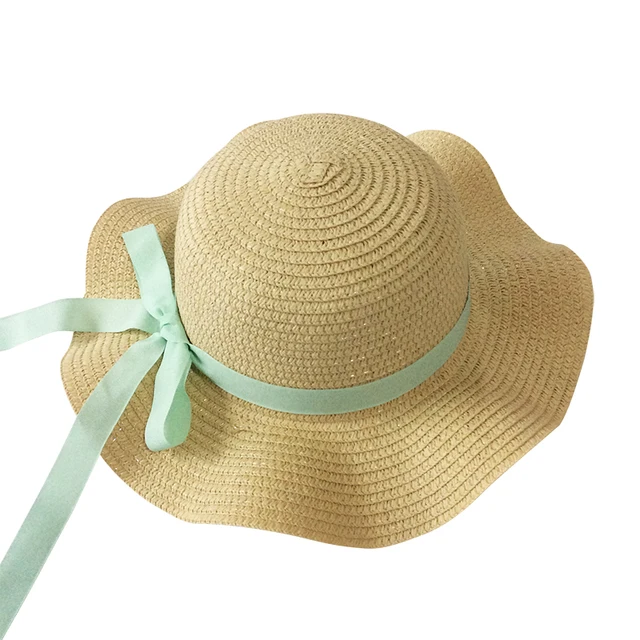 Girls Summer Cap Black Ribbon Decorate Wavy Straw Hat For Girls Children Panama Hat Kids Sun Cap Baby Beach Hats beige green bow