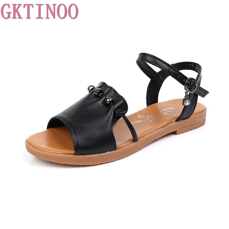 

GKTINOO Plus size 33-43 new high quality genuine leather sandals women shoes ladies solid color flat summer beach shoes