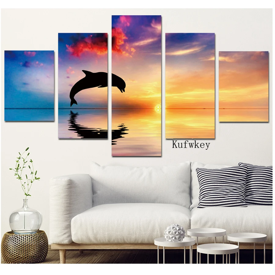 

Embroidery diamond Sunset with dolphin 5 piece 5d diamond painting full diamond mosaic picture of rhinestones cross stitch,art