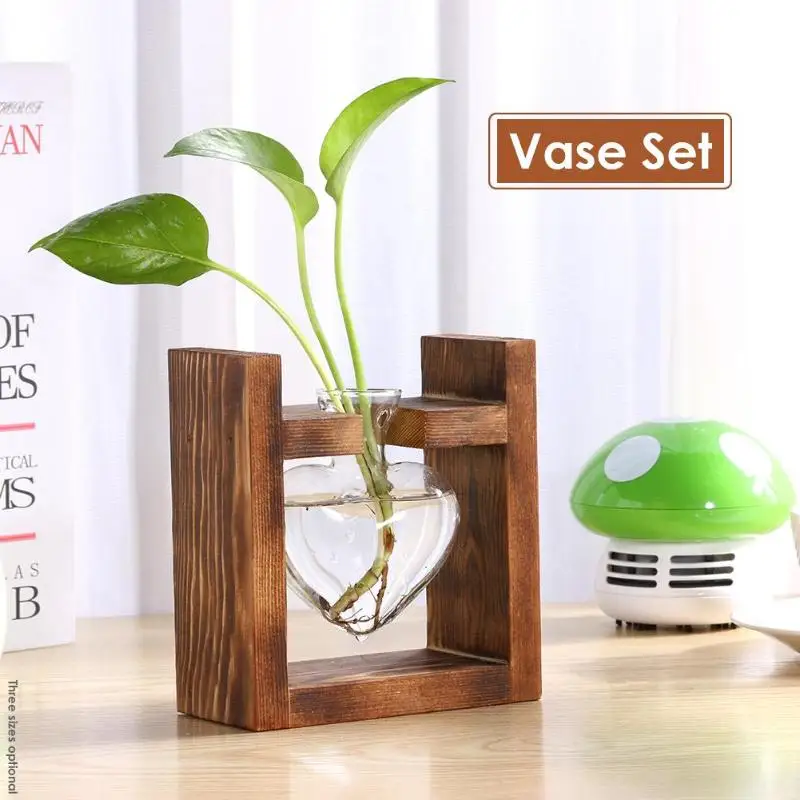 

Wooden Frame Glass Hydroponic Plant Vase Flower Pot Office Home Decorations Simple Romantic Wood Frame Support High Quality