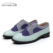Genuine cow leather brogue men flats shoes handmade vintage casual sneakers shoes oxford shoes for men blue grey 2018 with fur