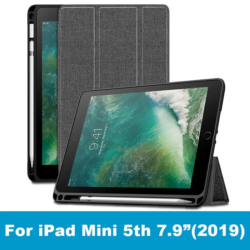 Чехол для нового iPad mini 5, 7,9 дюйма, дюйма, с держателем карандаша, умный чехол из искусственной кожи, силиконовый чехол с текстурой ткани для iPad mini 4, Funda - Цвет: mini 5-Gray