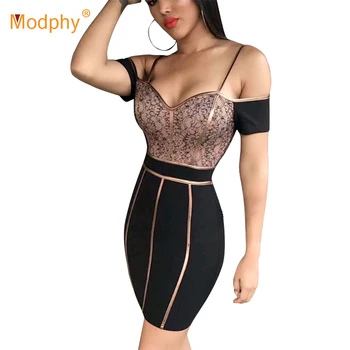 

2019 new Bodycon bandage dress summer party lace dress women's short-sleeved stitching sexy nightclub outing evening Vestidos