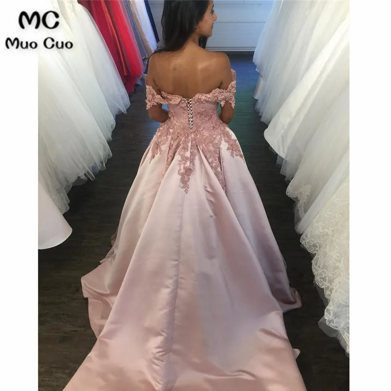 Elegant Ball Gown 2020 Off Shoulder Prom dresses Long with Appliques Flowers Beaded Short Sleeve Evening Prom Dress for Women