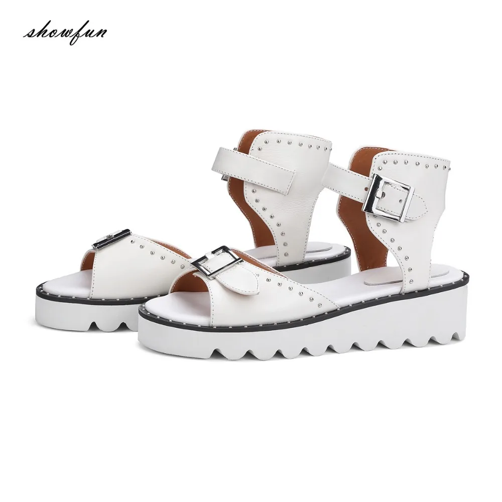 

Women's Genuine Leather Ankle Buckle Rivet Punk Sandals Brand Designer Open Toe Summer Platform Flats Sandalias Shoes for Women