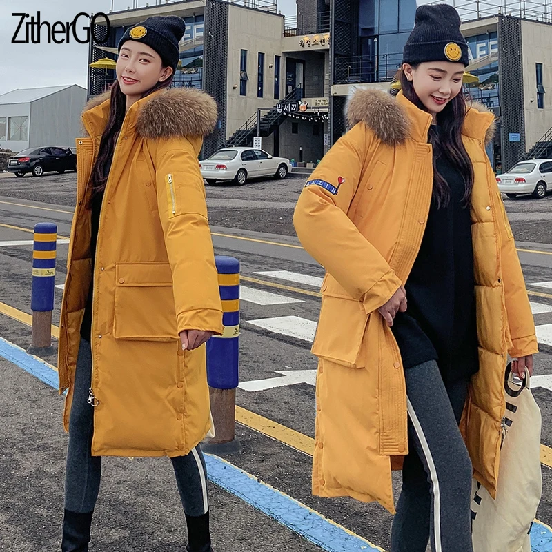 Yellow ZitherGo женские зимние длинные теплые куртки женские свободные модные парки с капюшоном с меховым воротником женские утепленные пальто - Цвет: Yellow