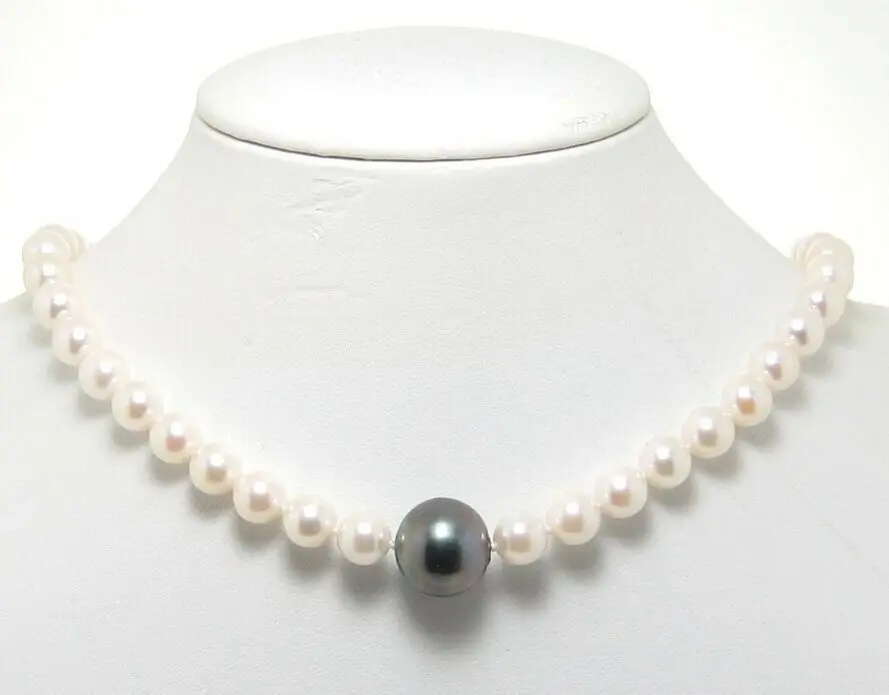 

free shipping classic 8-12mm round south sea white black pearl necklace18" gold clasp