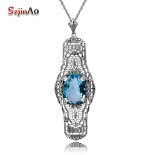 Szjinao бренд Уникальные Аквамарин Череп Длинные ожерелья и кулоны Винтаж стерлингового серебра 925 пробы модные ювелирные изделия для женщин Чокеры