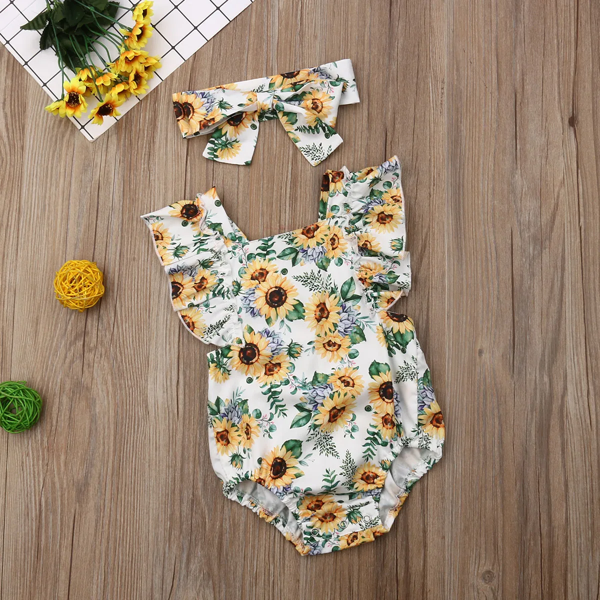 عباد الشمس الطفل الفتيات رومبير بذلة Playsuit الرضع الاطفال أكمام واحدة قطعة Sunsuit وتتسابق ملابس الصيف