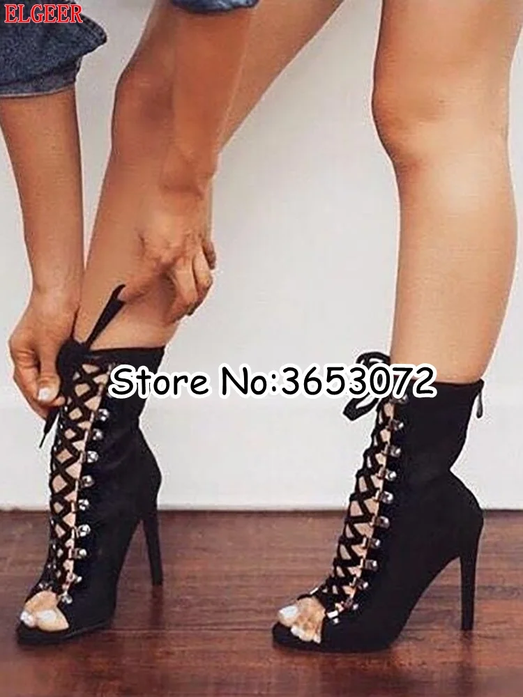 Black Lace up Peep Toe Zipper Stiletto 