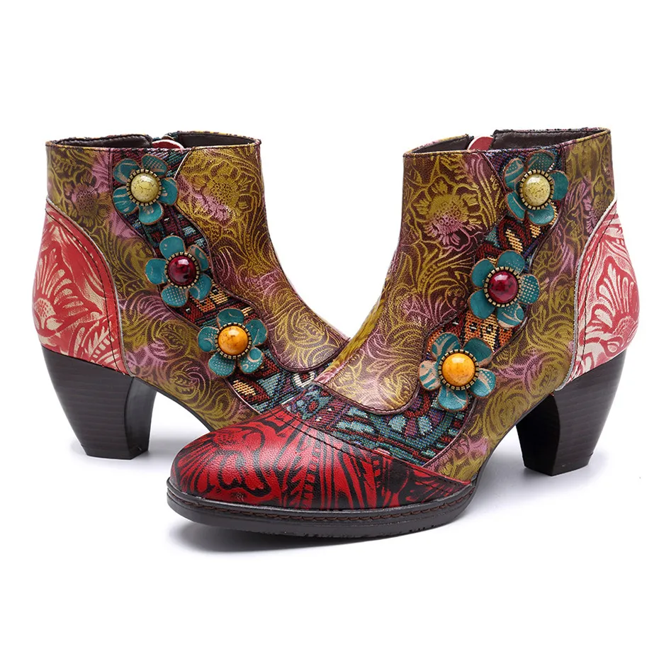 Genuine Leather Printed Ankle Boots Women Shoes Bohemian Splicing Zip Handmade Spring Autumn Retro Block Med Heels Women Boots (2)
