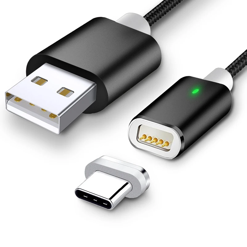 Магнитный кабель USB Type C в нейлоновой оплетке со светодиодной подсветкой для