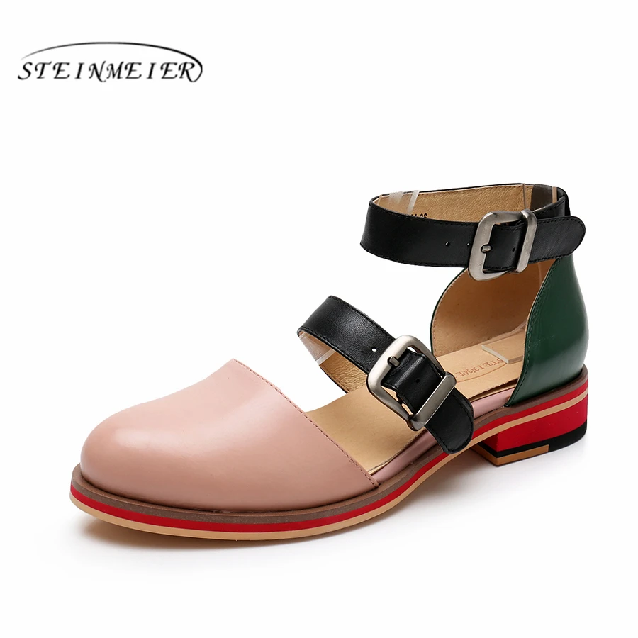 Women sandals 2019 summer yinzo ladies flat genuine leather wedges vintage platform double buckle red shoes for woman sandals
