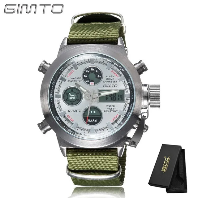 Модные мужские часы Лидирующий бренд GIMTO спортивные часы светодиодный дисплей наручные часы повседневные часы с кожаным ремешком водонепроницаемые часы Montre Homme GM201 - Цвет: nylon white green 2