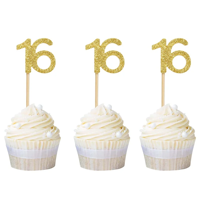 12 шт. золотой блеск номер 16 кекс Toppers 16 празднование дня рождения Вечерние Декорации сладкий 16 Сладкий 16 торт Топпер