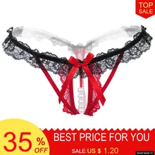 Сексуальное нижнее белье размера плюс с кружевным бантиком и жемчужинами, женские стринги, эротическое женское нижнее белье, трусики-стринги, бесшовные Танга