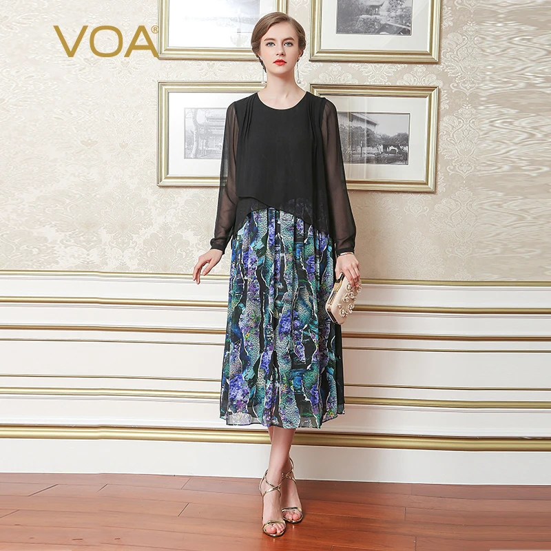 

VOA Silk A Line Long Dresses Women Plus Size Casual Sexy Black Mesh Georgette Fall Printed Boho Irregular vestido Clothes A7312