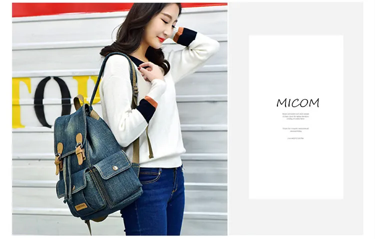 Micom Vintage Denim Backpack Women Mens Backpacks for Travelling School Bags For Teenagers Girls Large Capacity Drawstring Belts (4)