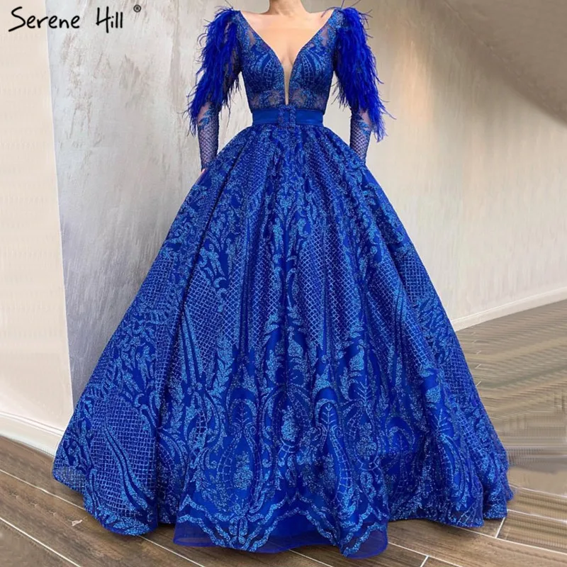 

Blue Latest Design Long Sleeves Prom Dresses 2019 Dubai V-Neck Feathers Sexy Prom Gowns Serene Hill BLA70050
