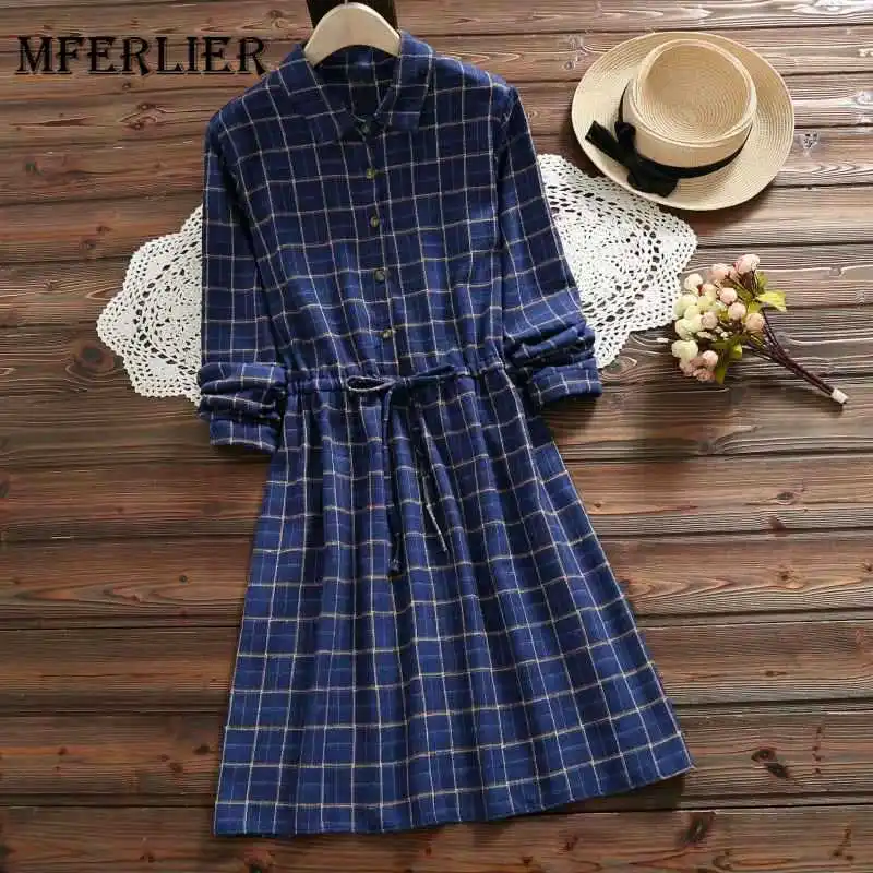 

Mferlier Plaid Dress Women Turn Down Collar Long Sleeve Drawstring Waist Mori Girl Autumn 5 Colors Classic Mini Casual Dress