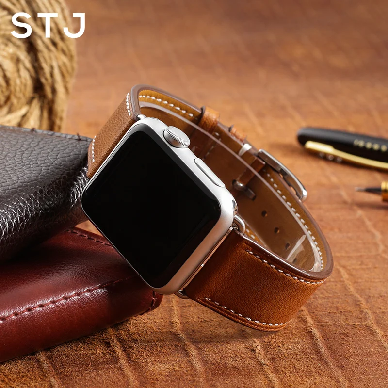 Couro de Bezerro Pulseira para Apple Couro para Iver Marca Couro Assistir Banda 38mm 42mm Série 4 – 3 2 1 Esportes Cinta 40mm 44mm Stj