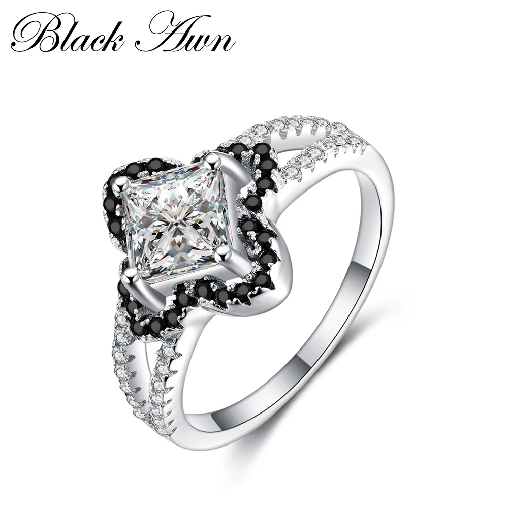

[BLACK AWN] Genuine 100% 925 Sterling Silver Four Leaf Flower Black&White Stone Rings for Women Jewelry Femme Ring Bijoux C229