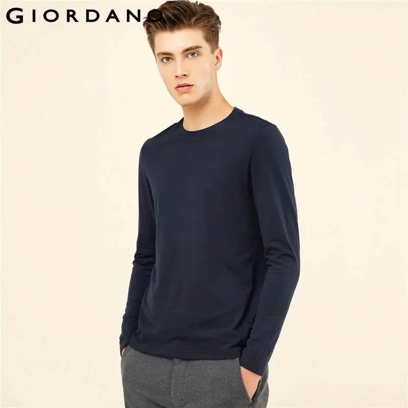 Giordano Men T shirt Solid Ribbed Crewneck Tshirts Long Sleeves Brushed ...