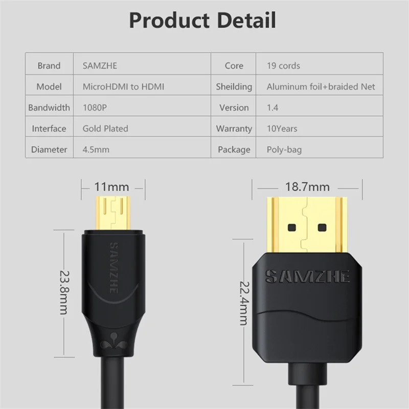 SAMZHE Micro HDMI к Мужской мужскому Удлинительный кабель для телефона Ipad подключение с