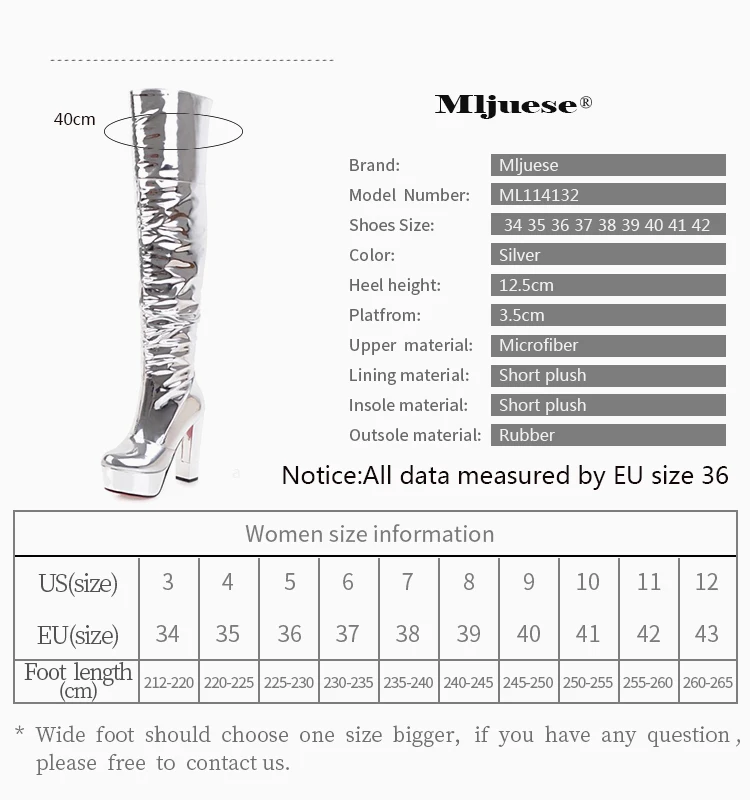 MLJUESE женские ботфорты выше колена серебристого цвета на платформе, Без каблука; модная обувь на каблуке ночных клубов высокие сапоги размеры 33–43