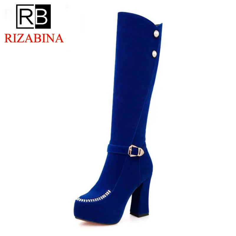 

RizaBina Size 34-43 Women Half Short Boots Beading Platform High Heel Boots Warm Shoes Sexy Lady Mid Calf Botas Women Footwears