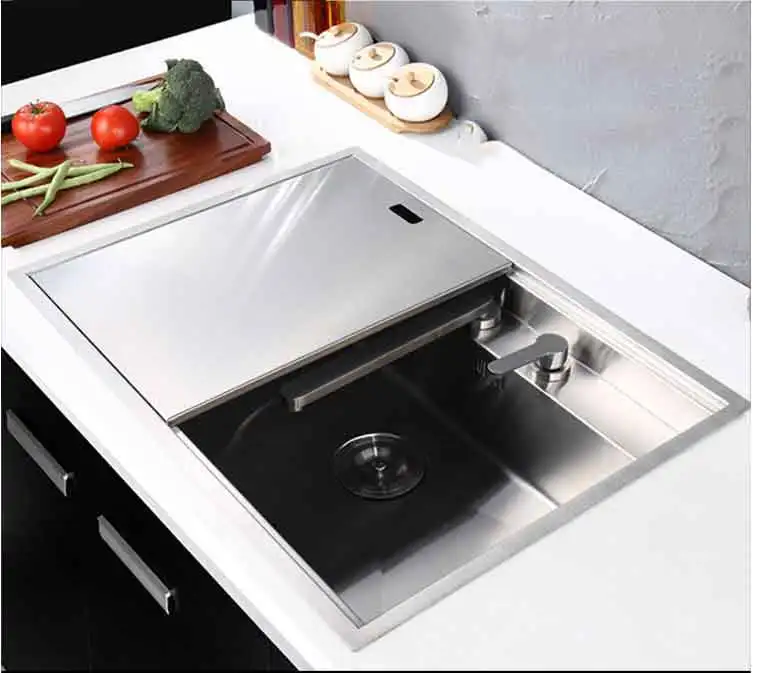 Kitchen Sink 304 stainless steel Multifunctiona manually single slot hidden Washing basins with Lifting faucet or Folding tap