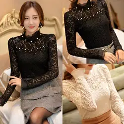 Корейские модные женские Для женщин блузка Костюмы тонкий шифон Кружева Топы с жемчугом рубашка с длинными рукавами Повседневная блузка