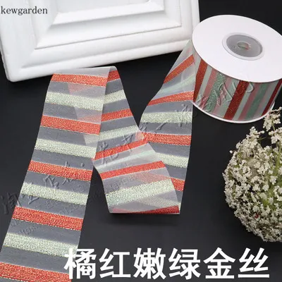 Kewgarden Wholesale Rainbow Stripe Lace Snow Gauze Ribbons 38mm 1.5" Gold Sliver Line Handmade Tape DIY Bowknot Accessories 25Y - Цвет: orange green gold