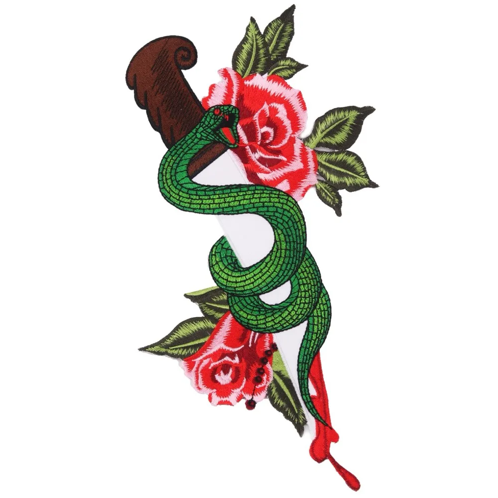 

New Arrival Rose Embroidered Sword Snake Sew Iron on Patches for Clothes Jean Jacket DIY Embroidery Applique Cloth Patch 1Piece
