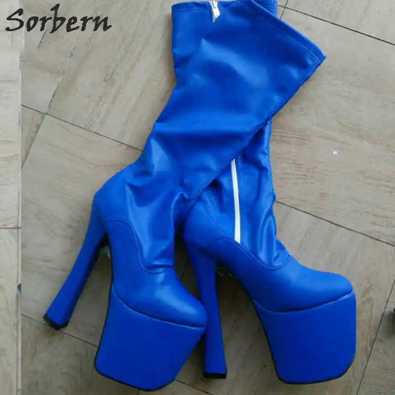 Sorbern/женские ботинки на высоком каблуке 20 см; ботинки для костюмированной вечеринки на очень высоком квадратном каблуке; высота платформы по колено; коричневые женские ботинки; - Цвет: Blue Matt
